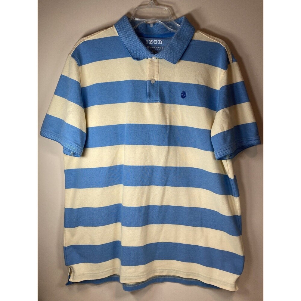 IZOD Advantage Performance Golf Polo Shirt Men L Stretch Blue/Yellow Striped EUC